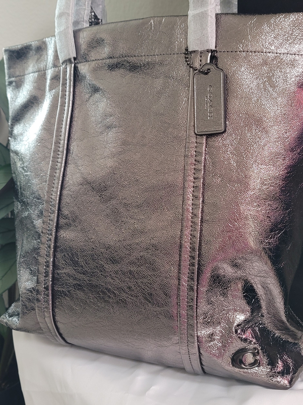 Coach Metallic Silver Tote with Signature Tag